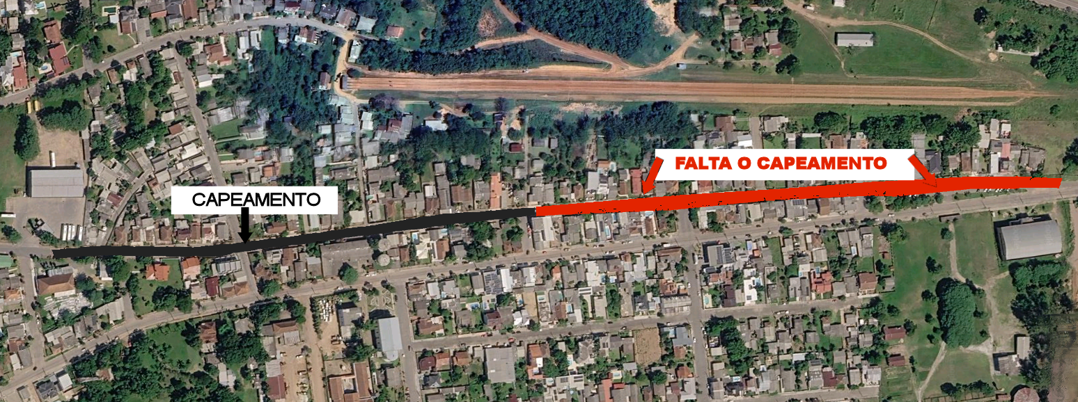 Imagem aérea mostrando o trecho já capeado e o trecho onde falta o capeamento na Rua 3 de Outubro